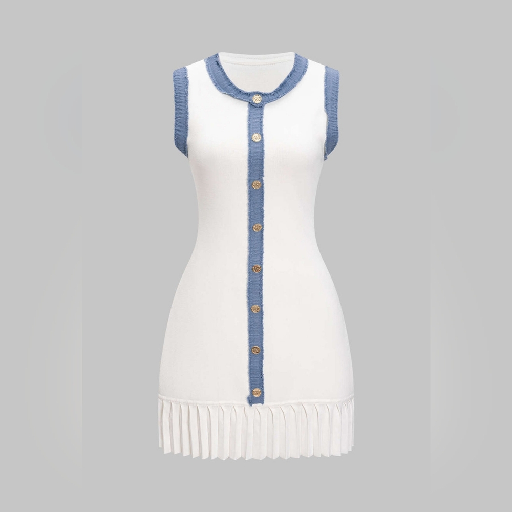 Sleeveless White and Blue Mini Dress